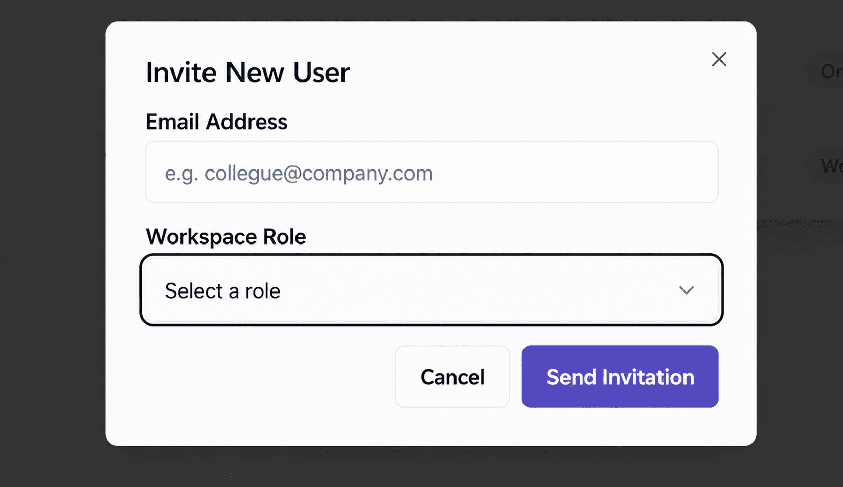 Invite New User dialog with email and workspace role fields