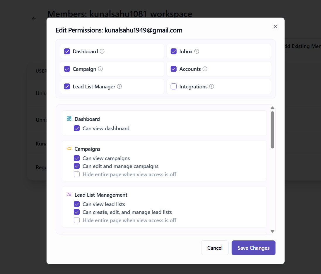 Edit Permissions panel showing the quick access controls and detailed permissions for a workspace member