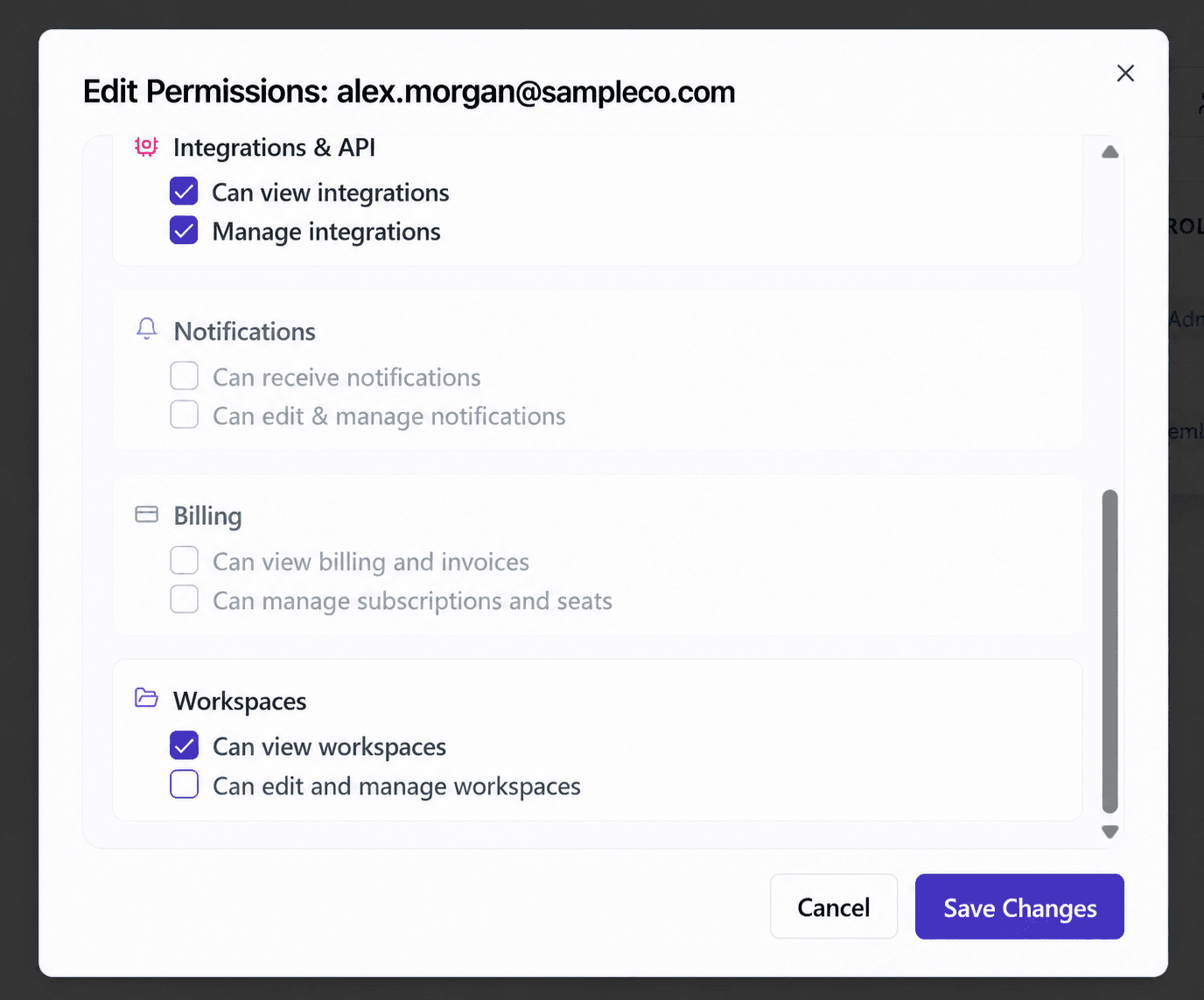 Lower section of Edit Permissions showing integrations, notifications, billing, and workspaces