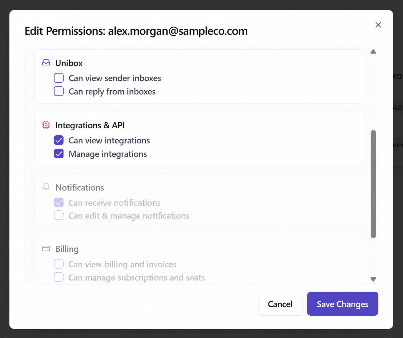 Edit Permissions panel showing Unibox, integrations, notifications, and billing controls