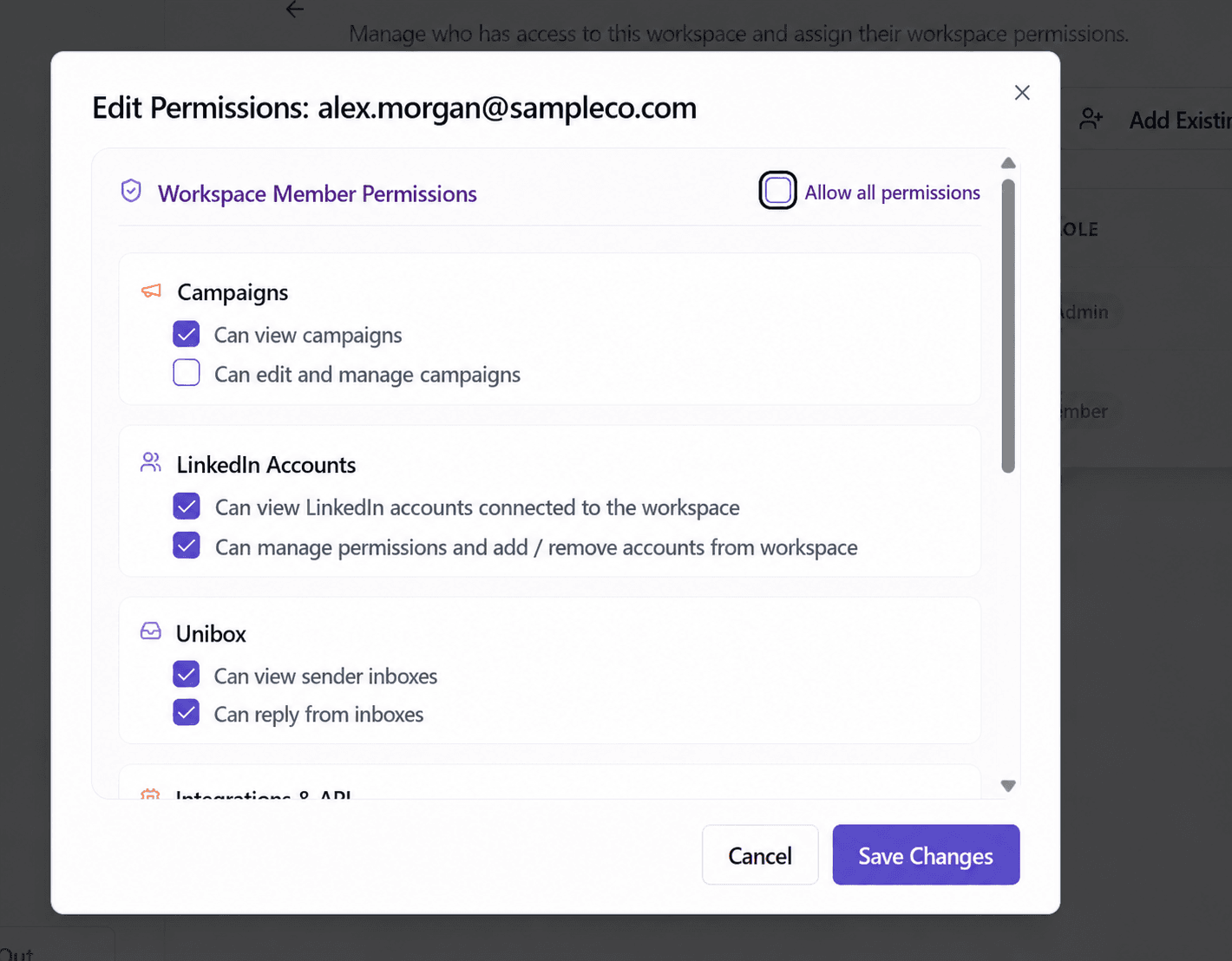 Top of the Edit Permissions panel showing Allow all permissions and core access areas