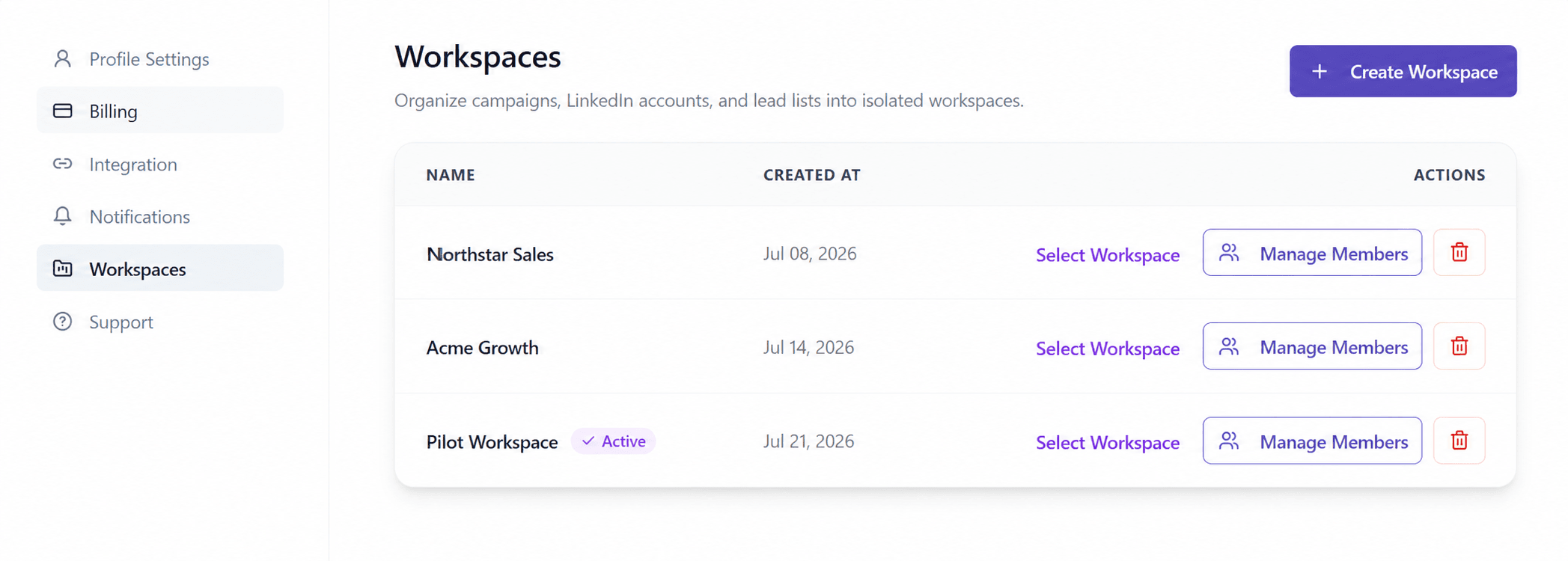 OutFlo Workspaces list with separate sample operations and workspace actions