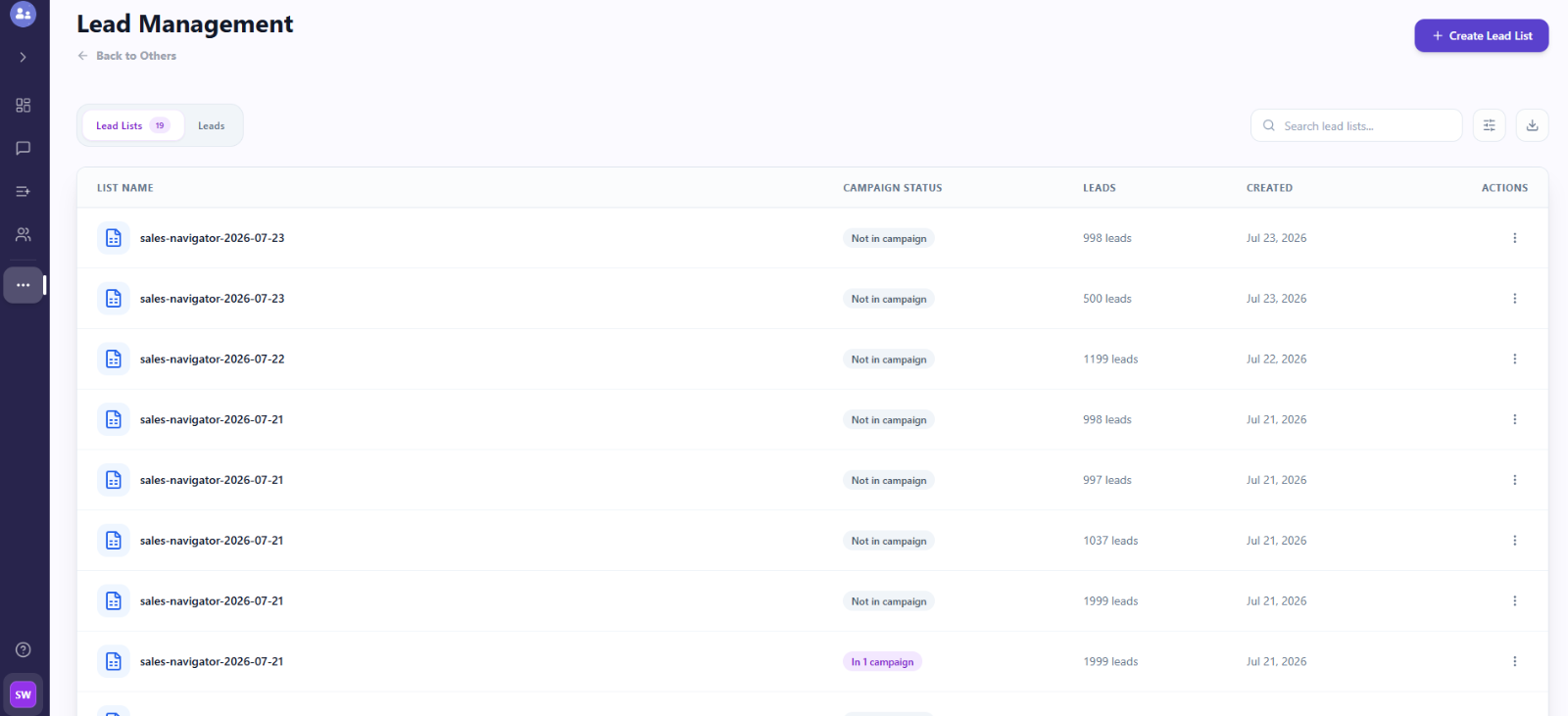 Lead lists on the Lead Management page