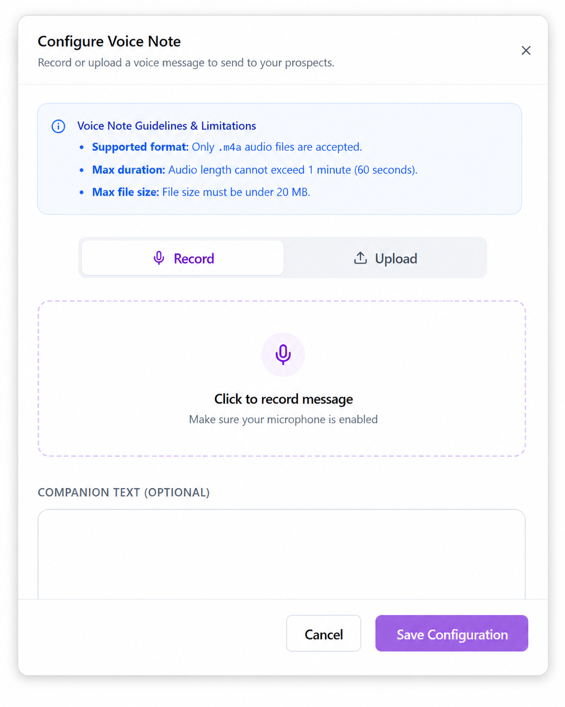 The OutFlo Configure Voice Note panel showing the Record option and voice note limits.