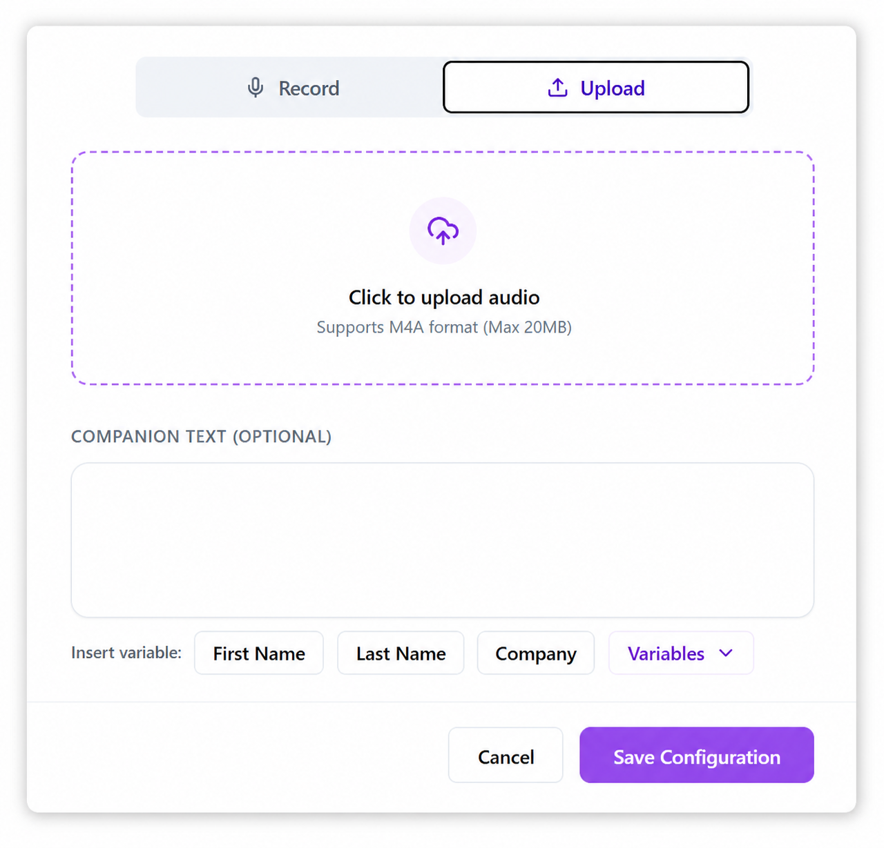The OutFlo voice note upload panel with the M4A requirement, companion text field, and personalization variables.