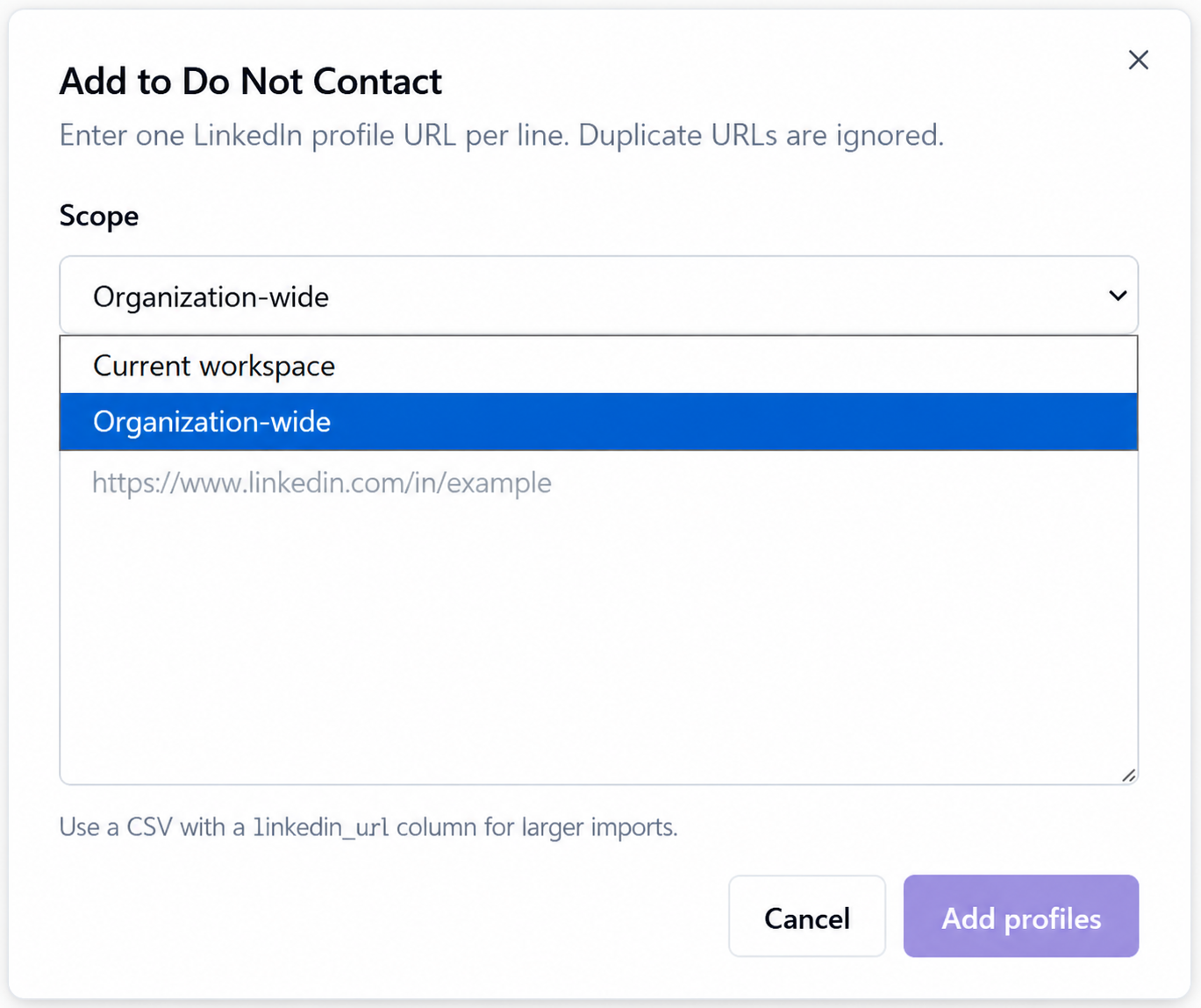 The Add to Do Not Contact modal with organization-wide scope selected and a LinkedIn profile URL field
