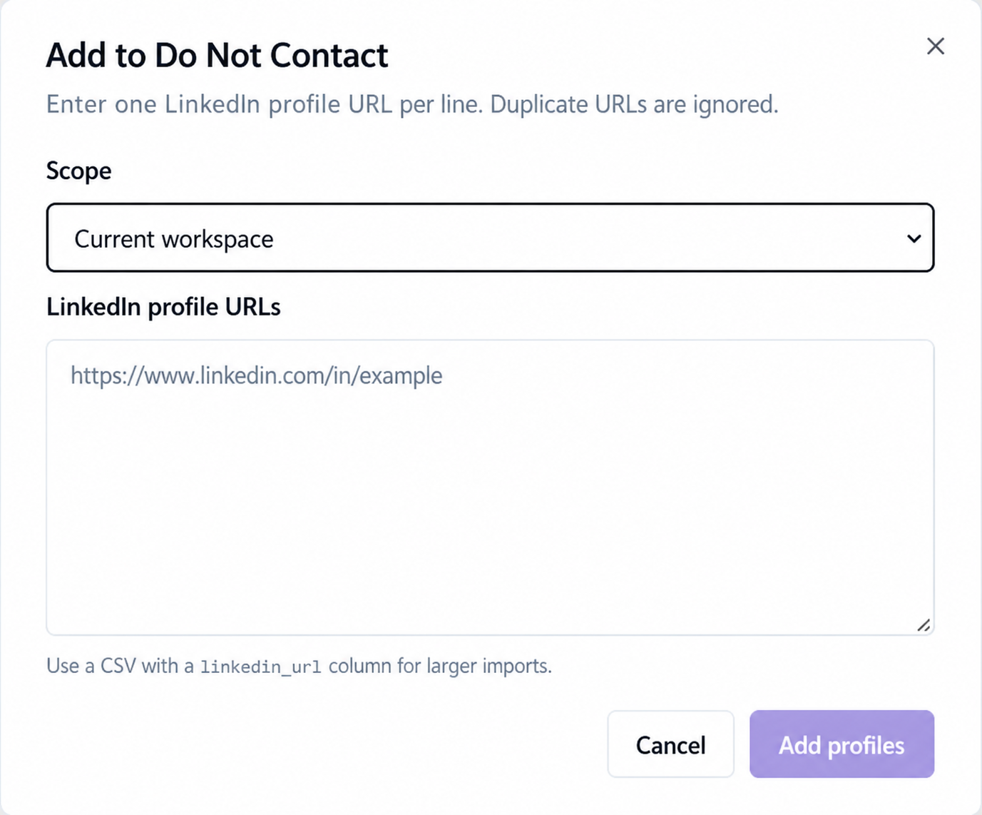 The Add to Do Not Contact modal with Current workspace selected and a LinkedIn profile URL field