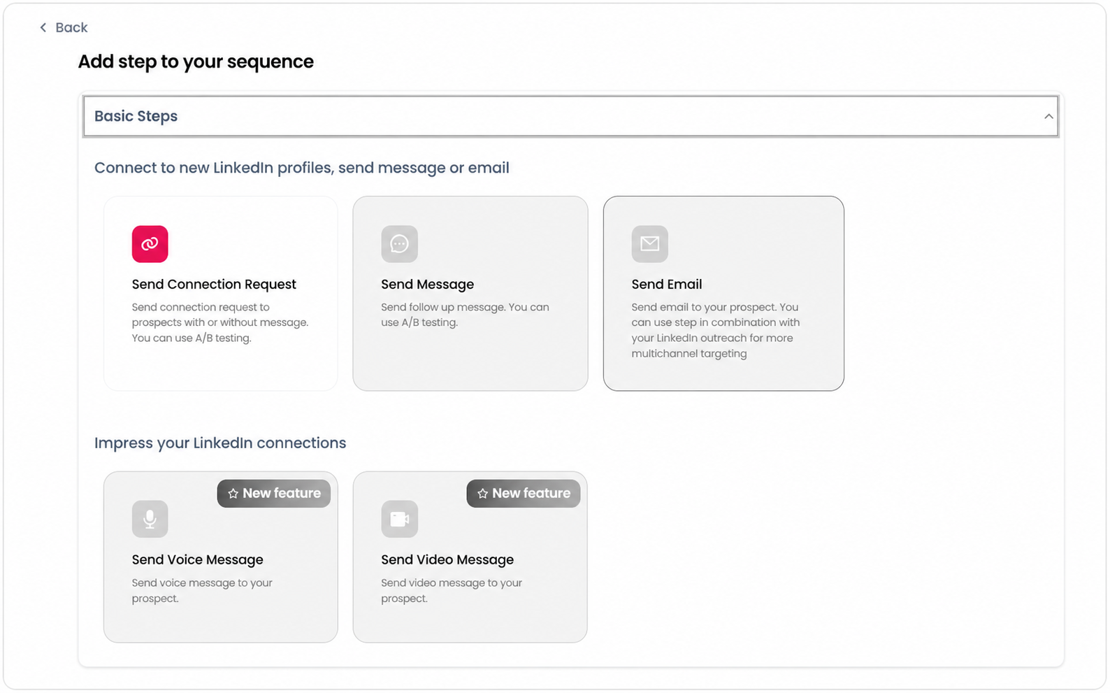 SalesRobot action picker with basic and outreach actions