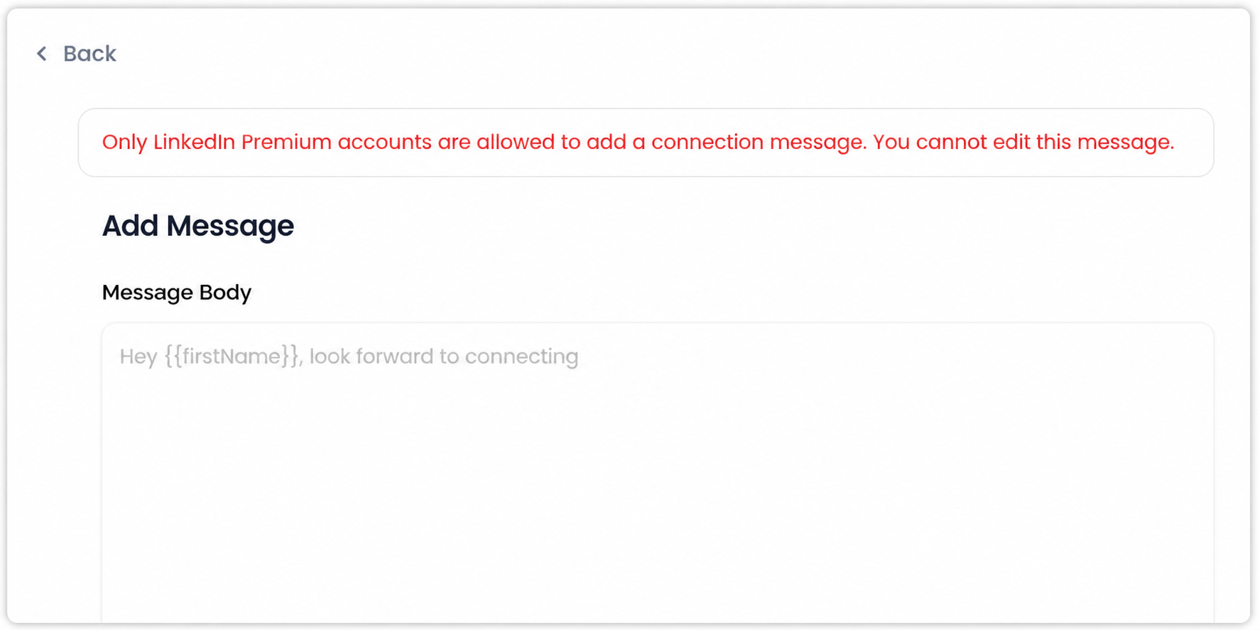 SalesRobot warning that only LinkedIn Premium accounts can edit the connection message