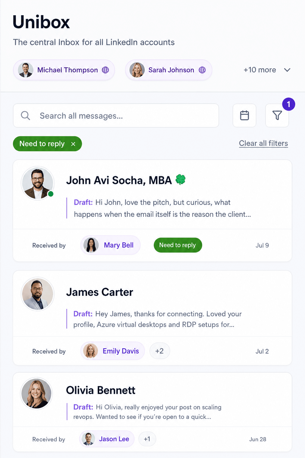 OutFlo Unified Smart Inbox showing conversations from multiple LinkedIn accounts