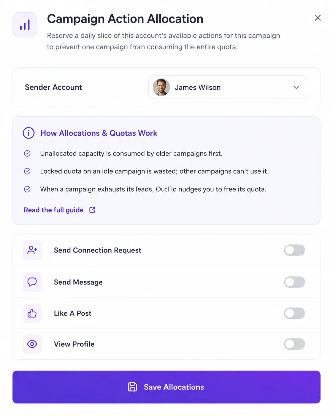 OutFlo LinkedIn sender allocation controls