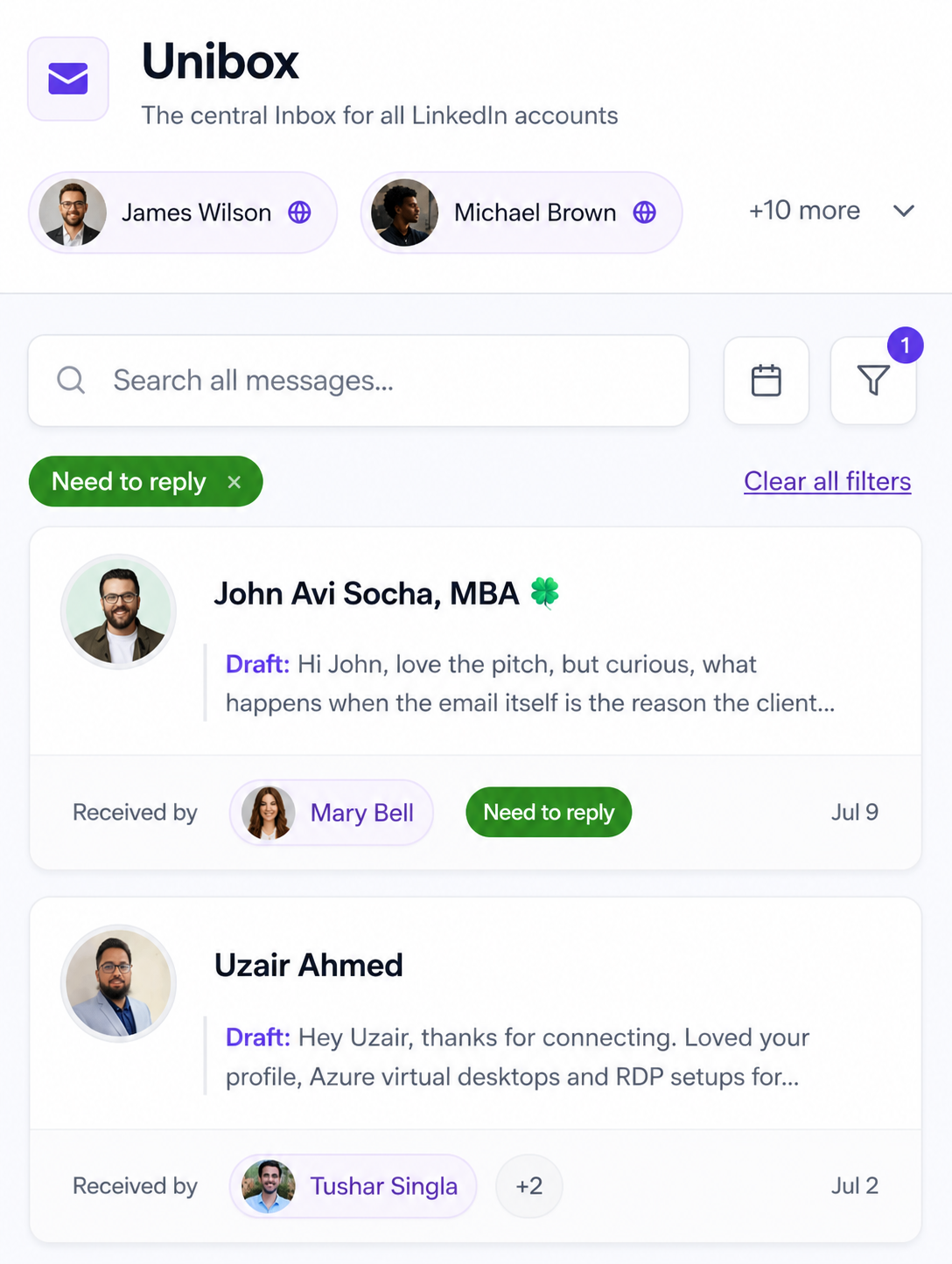 OutFlo Unibox showing an AI reply draft