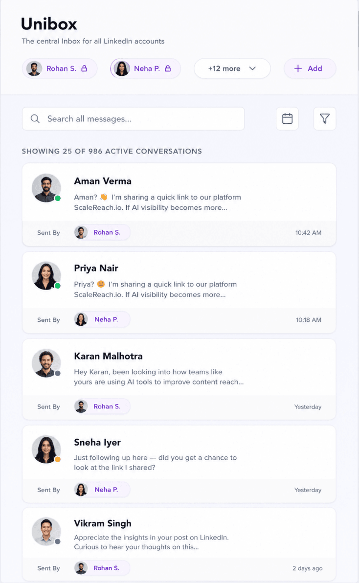OutFlo Unified Smart Inbox showing conversations from several LinkedIn sender identities